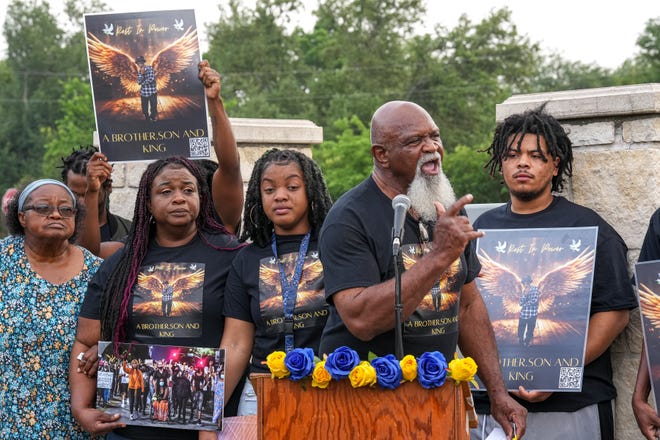Wayner Miller, grandfather of Malachi Williams, speaks at vigil for Williams outside San Marcos City Hall on Thursday, April 25, 2024 in San Marcos, Texas. Williams was killed by San Marcos Police on Thursday, April 11, 2024.