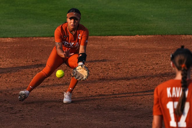 Texas Longhorns infielder Alyssa Washington (11) catches a ground ball during the game against Iowa State at Red and Charline McCombs Field on Friday, April 26, 2024 in Austin.